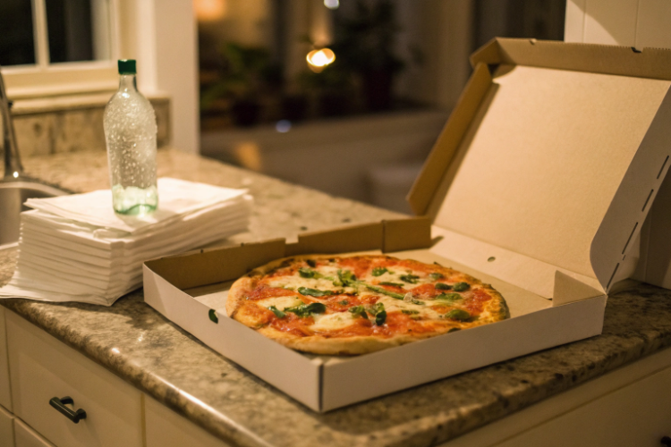 Pizza livrée à domicile dans sa boîte ouverte